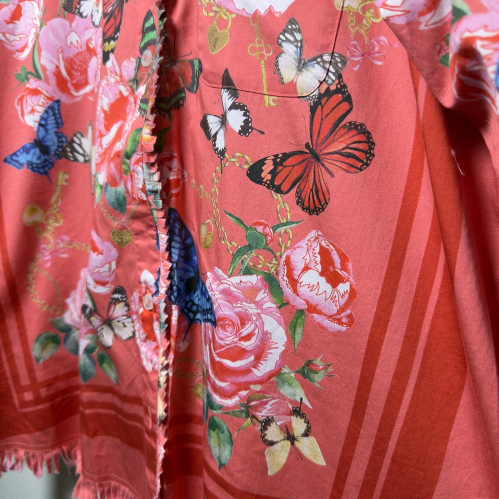 Ali Miles Womens 100% Cotton Button Up Shirt L Pink Floral Butterfly Fringe Trim - Picture 10 of 10